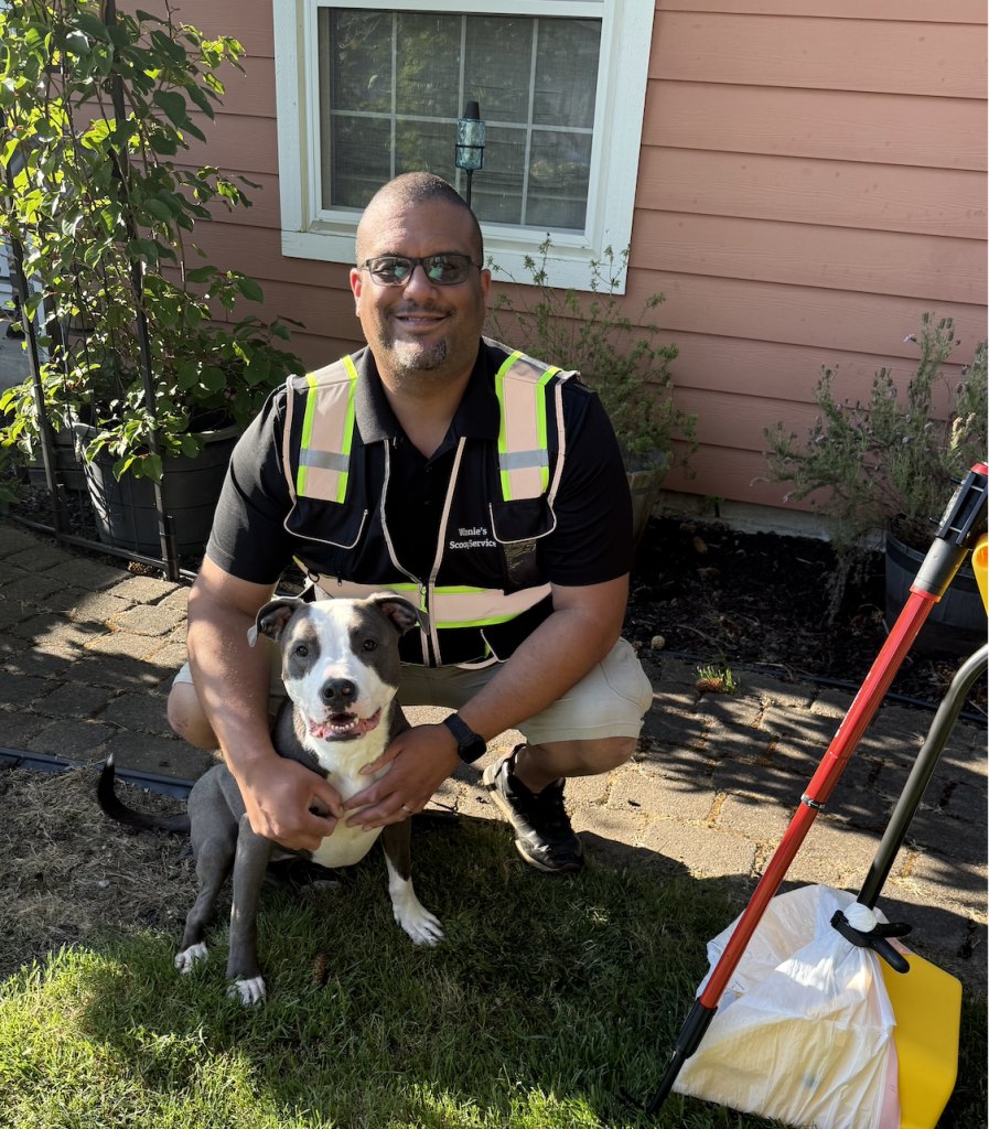 Local pet waste removal business owner with Winnie in Beaverton Oregon